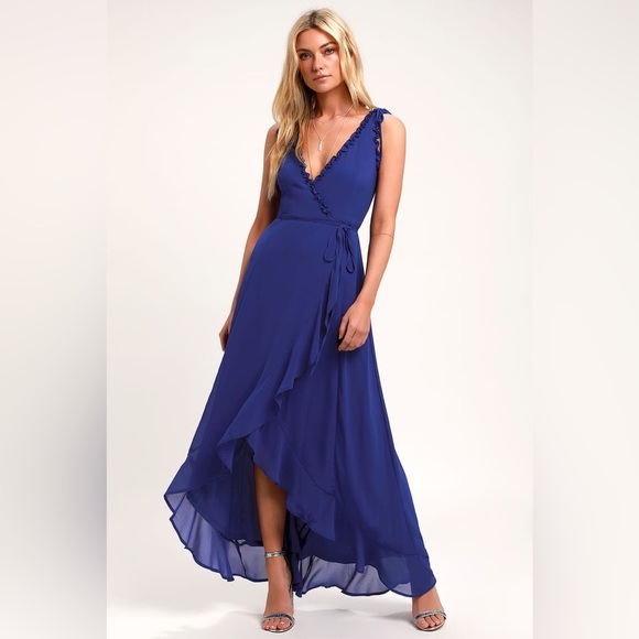 Lulus Juliette Cobalt Blue Ruffled High-Low Wrap Dress